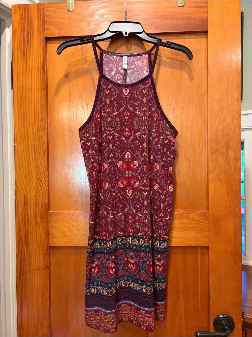 Xhilaration Burgundy Floral Print Mini Dress with Teal Border